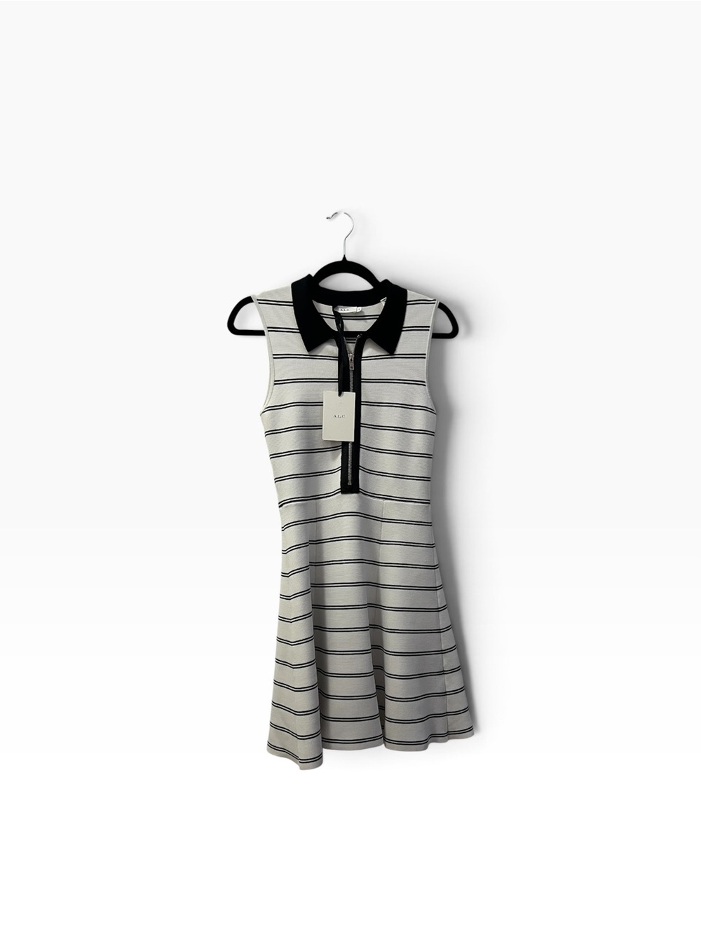 NWT A.L.C. Black/White Striped Sleeveless Polo Dress w/ Leather Trim, Size S